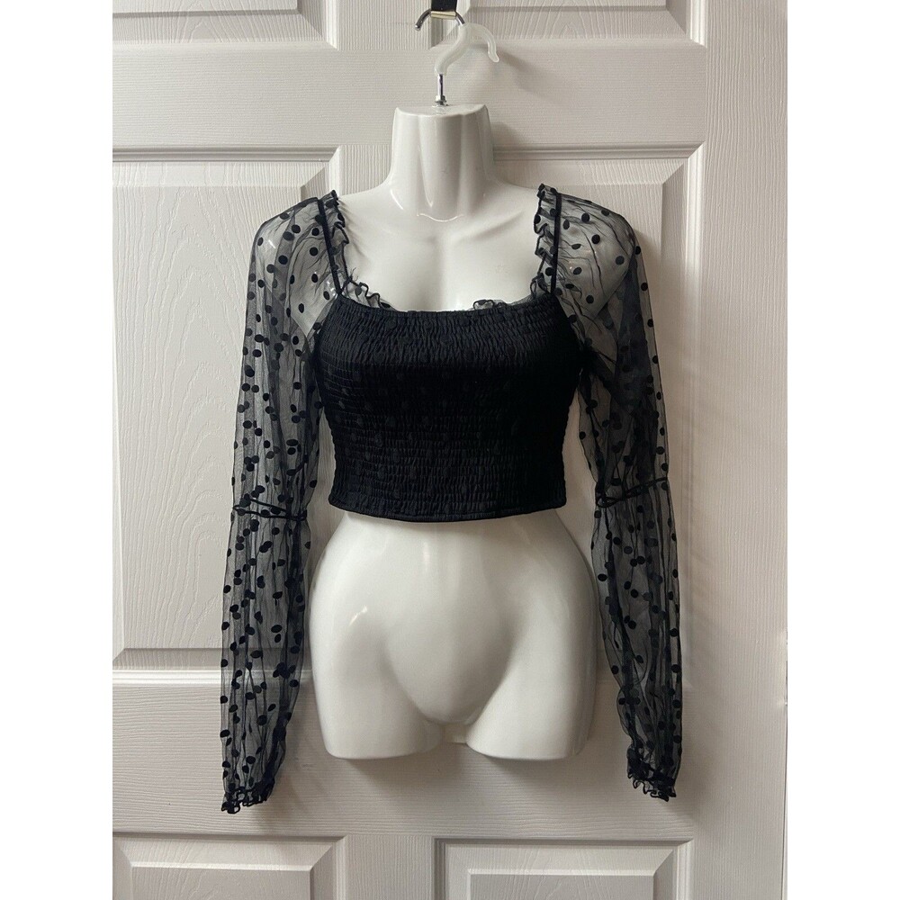Vtg Black Goth Square Neck Lace Trimmed Top S Smocked Fairy Grunge Vamp Cropped